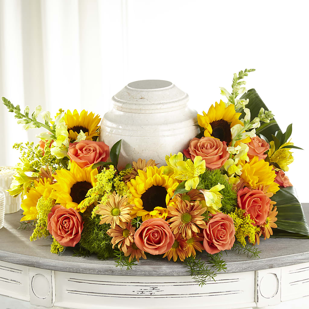 Faithful Sunflower Cremation Adornment – 256 Florals, Huntsville AL